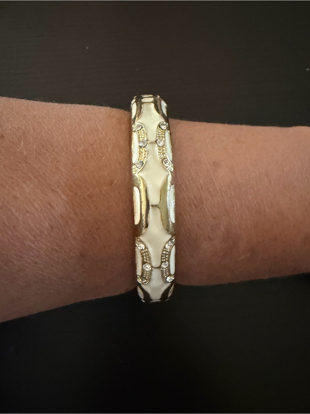 Beige Enamel Gold Tone With Rhinestones Hinged Bangle Bracelet